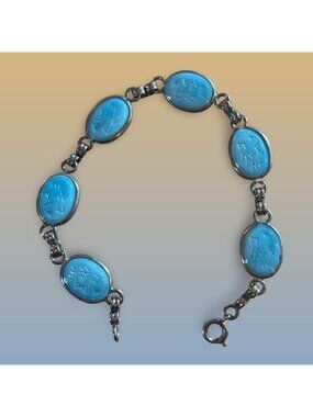 Antique Egyptian Revival Silver Bracelet With Blue Scarab Carved Stones Vintage